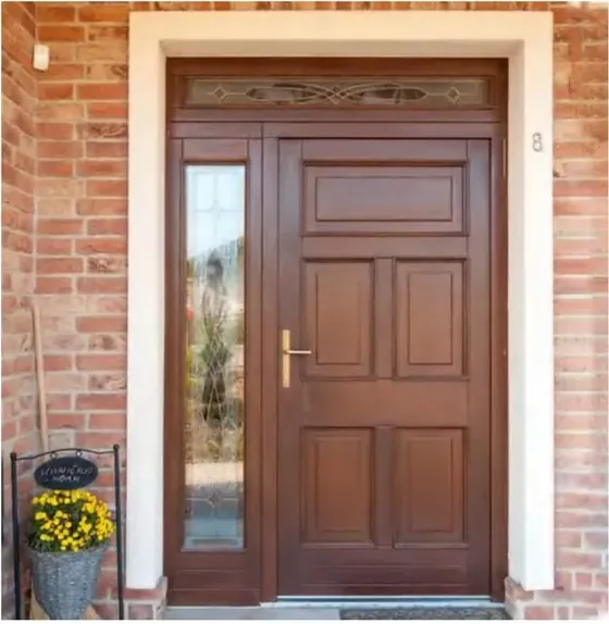Puerta exterior, roble miel, hoja de madera, acristalado y laterales a pedido (EX-004)