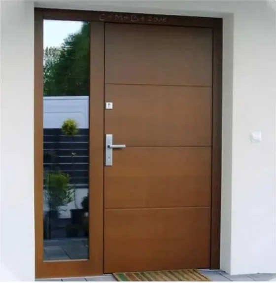 Puerta exterior, nogal, hoja de madera, acristalado y laterales a pedido (EX-010)