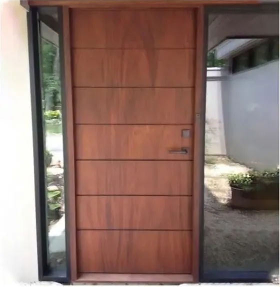 Puerta exterior, roble miel, hoja de madera, acristalado y laterales a pedido (EX-011)