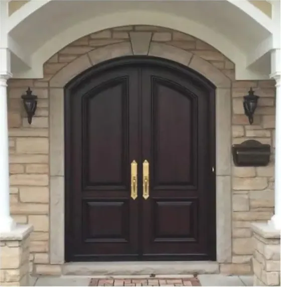 Puerta exterior, madera oscura, hoja de madera, acristalado y laterales a pedido (EX-014)
