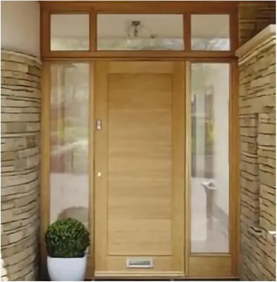 Puerta exterior, roble miel, hoja de madera, acristalado y laterales a pedido (EX-023)