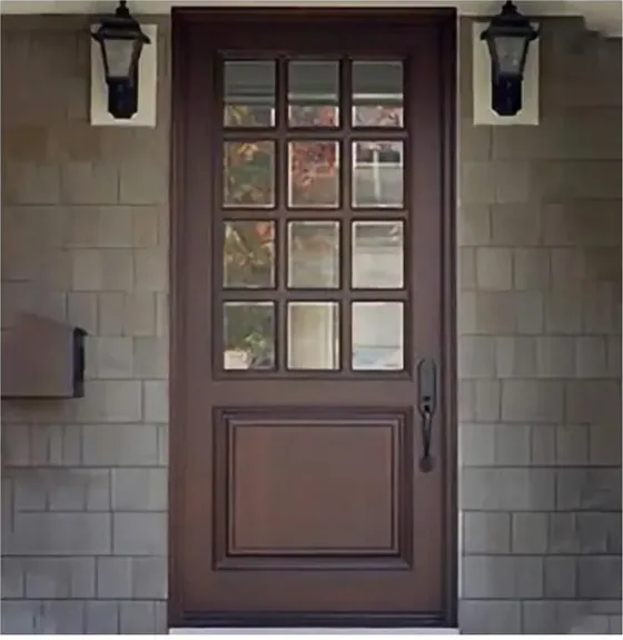 Puerta exterior, nogal, hoja de madera, acristalado y laterales a pedido (EX-027)