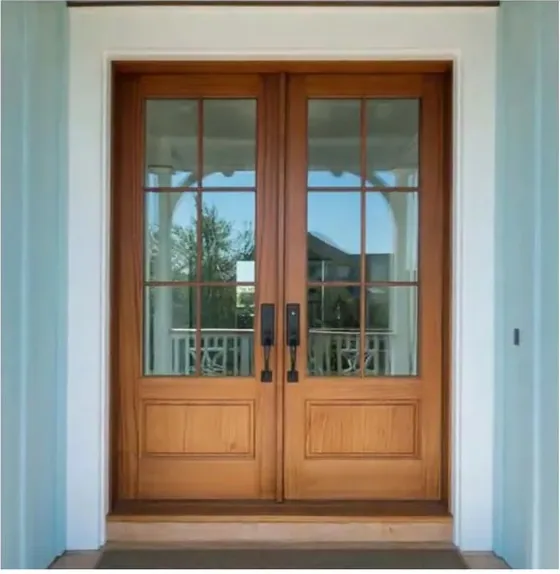 Puerta exterior, roble miel, hoja de madera, acristalado y laterales a pedido (EX-028)