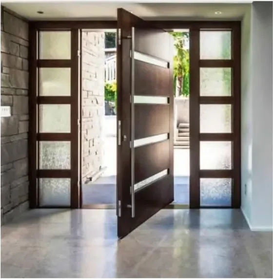 Puerta exterior, gris, hoja de madera, acristalado y laterales a pedido (EX-039)