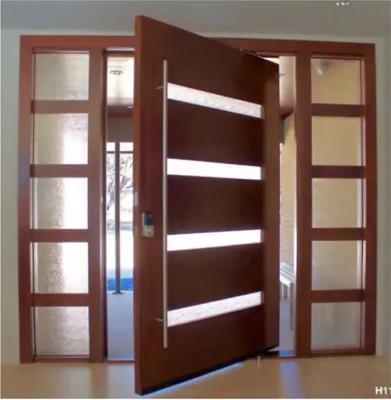 Puerta exterior, nogal, hoja de madera, acristalado y laterales a pedido (EX-040)