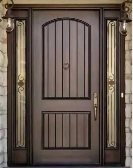 Puerta exterior, nogal, hoja de madera, acristalado y laterales a pedido (EX-047)