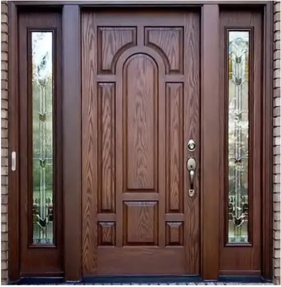 Puerta exterior, nogal, hoja de madera, acristalado y laterales a pedido (EX-052)