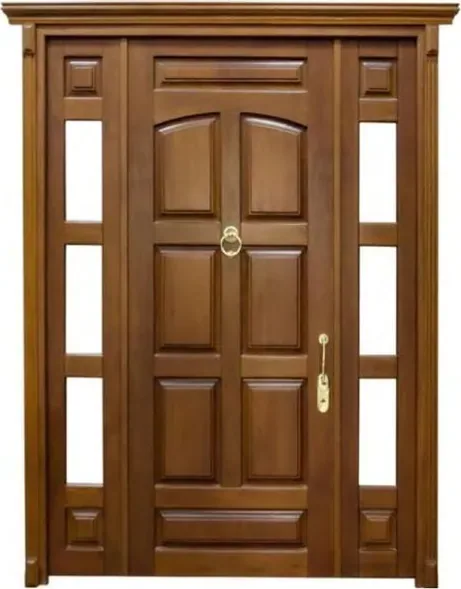 Puerta exterior, nogal, hoja de madera, acristalado y laterales a pedido (EX-053)