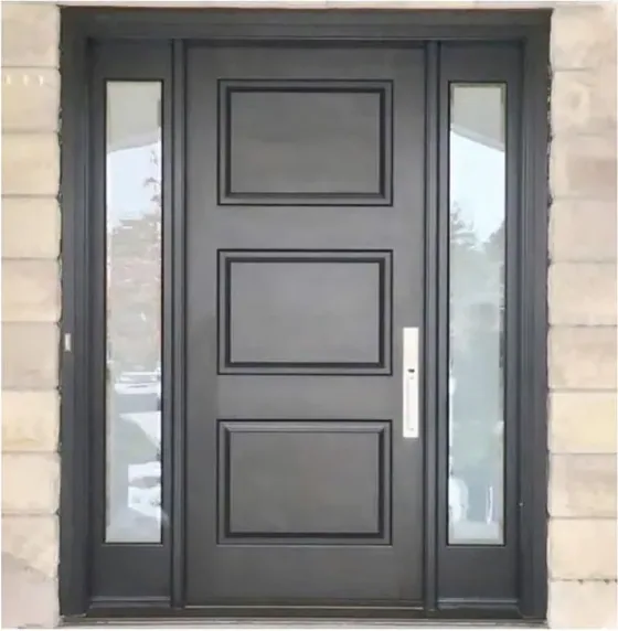 Puerta exterior, gris, hoja de madera, acristalado y laterales a pedido (EX-061)
