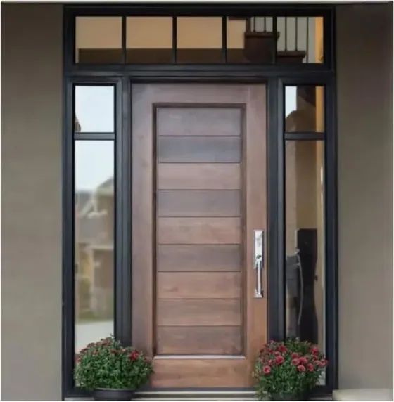 Puerta exterior, gris, hoja de madera, acristalado y laterales a pedido (EX-062)