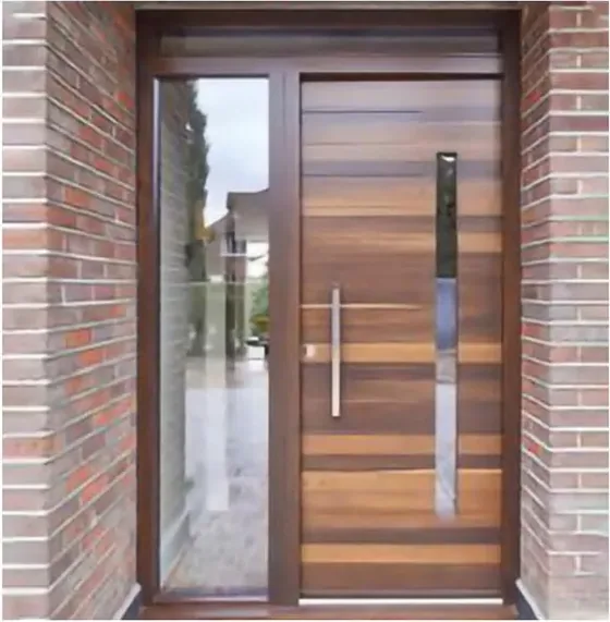 Puerta exterior, gris, hoja de madera, acristalado y laterales a pedido (EX-064)