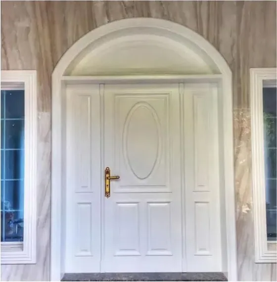 Puerta exterior, roble claro, hoja de madera, acristalado y laterales a pedido (EX-078)