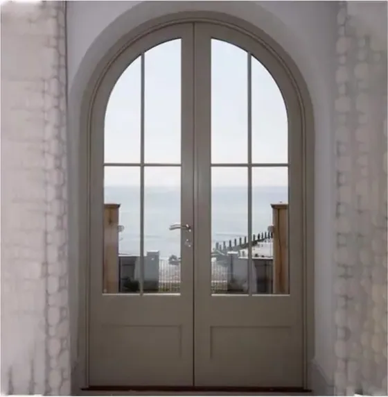 Puerta exterior, roble claro, hoja de madera, acristalado y laterales a pedido (EX-087)