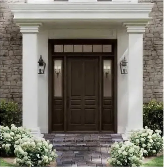 Puerta exterior, madera oscura, hoja de madera, acristalado y laterales a pedido (EX-090)