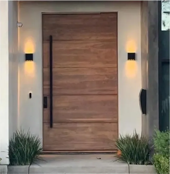 Puerta exterior, nogal, hoja de madera, acristalado y laterales a pedido (EX-102)