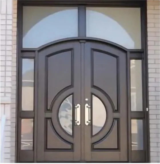 Puerta exterior, gris, hoja de madera, acristalado y laterales a pedido (EX-107)