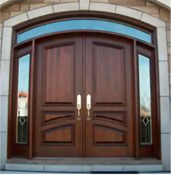 Puerta exterior, nogal, hoja de madera, acristalado y laterales a pedido (EX-108)