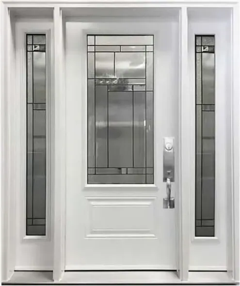 Puerta exterior, gris, hoja de madera, acristalado y laterales a pedido (EX-109)