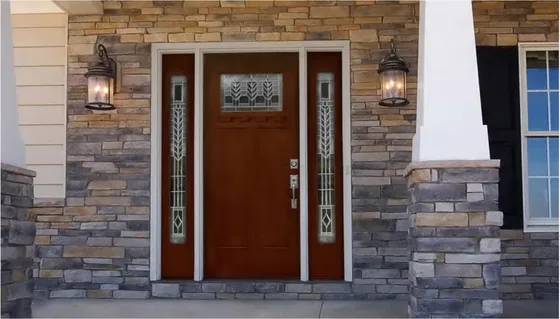 Puerta exterior, madera oscura, hoja de madera, acristalado y laterales a pedido (EX-119)