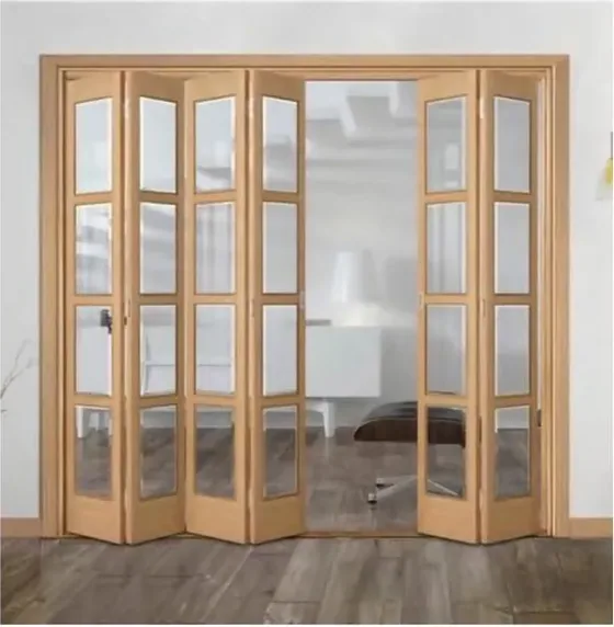 Puerta plegable, roble claro, sistema plegable acristalado, marco de madera o aluminio (FD-003)