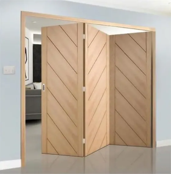 Puerta plegable, roble claro, sistema plegable acristalado, marco de madera o aluminio (FD-008)