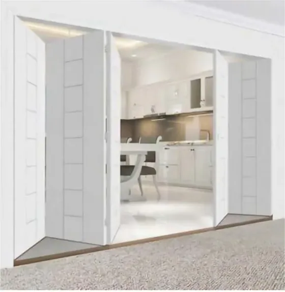 Puerta plegable, roble claro, sistema plegable acristalado, marco de madera o aluminio (FD-011)
