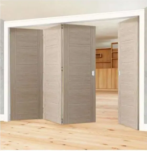 Puerta plegable, roble claro, sistema plegable acristalado, marco de madera o aluminio (FD-012)