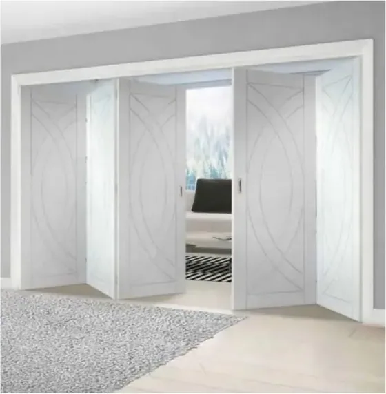 Puerta plegable, roble claro, sistema plegable acristalado, marco de madera o aluminio (FD-013)