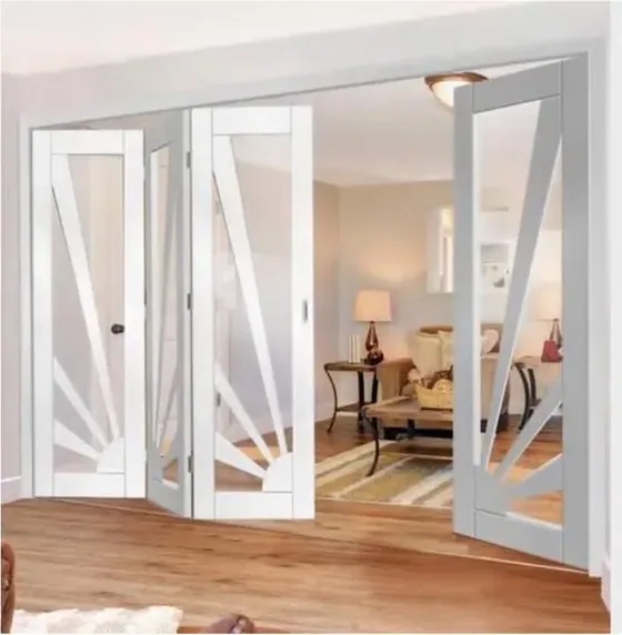 Puerta plegable, roble claro, sistema plegable acristalado, marco de madera o aluminio (FD-016)