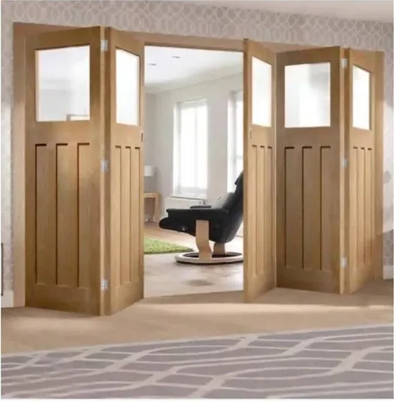 Puerta plegable, roble claro, sistema plegable acristalado, marco de madera o aluminio (FD-018)