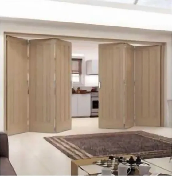 Puerta plegable, roble claro, sistema plegable acristalado, marco de madera o aluminio (FD-022)