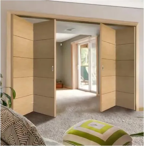 Puerta plegable, roble claro, sistema plegable acristalado, marco de madera o aluminio (FD-023)