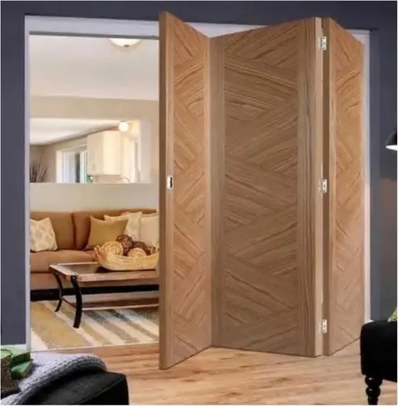 Puerta plegable, roble miel, sistema plegable acristalado, marco de madera o aluminio (FD-024)