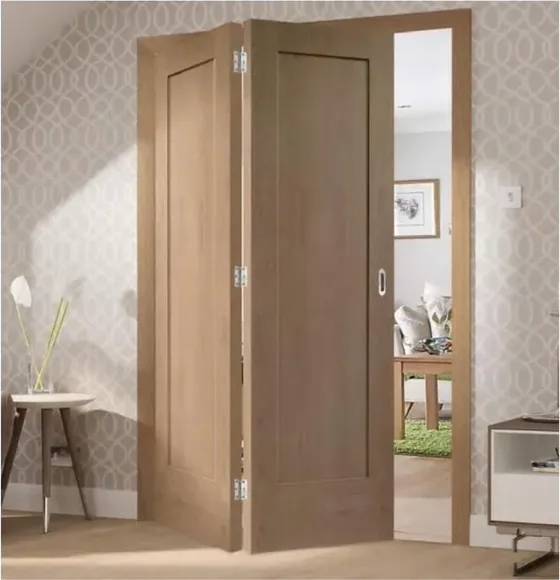 Puerta plegable, roble miel, sistema plegable acristalado, marco de madera o aluminio (FD-029)