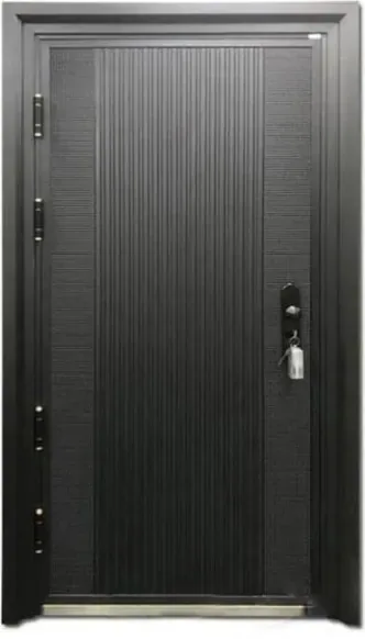 Puerta de seguridad de acero, madera oscura, hoja de acero, acabado con pintura en polvo (SS-007)