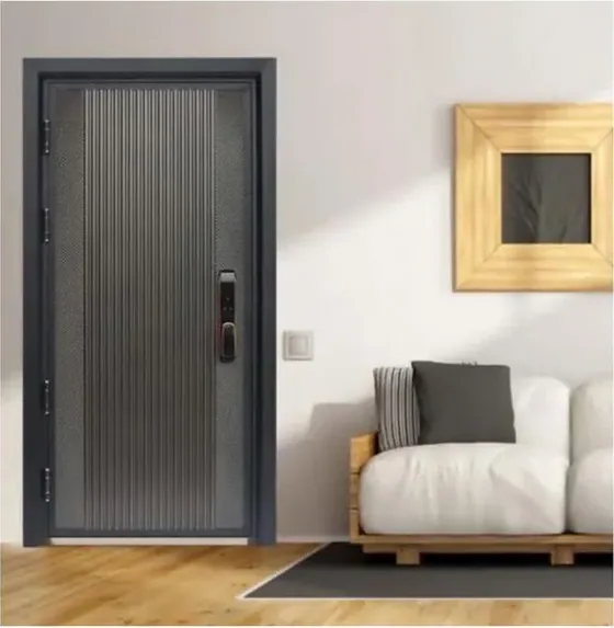 Puerta de seguridad de acero, gris, hoja de acero, acabado con pintura en polvo (SS-008)