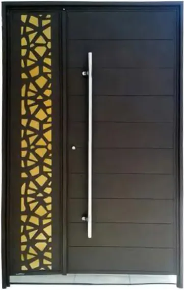 Puerta de seguridad de acero, madera oscura, hoja de acero, acabado con pintura en polvo (SS-010)