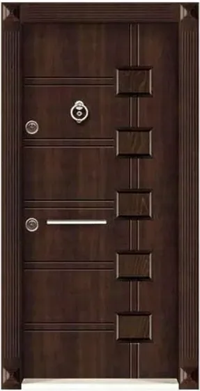 Puerta de seguridad de acero, madera oscura, hoja de acero, acabado con pintura en polvo (SS-024)