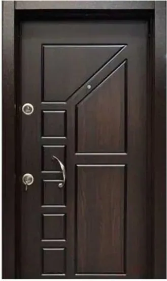 Puerta de seguridad de acero, madera oscura, hoja de acero, acabado con pintura en polvo (SS-036)
