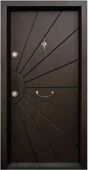 Puerta de seguridad de acero, madera oscura, hoja de acero, acabado con pintura en polvo (SS-037)