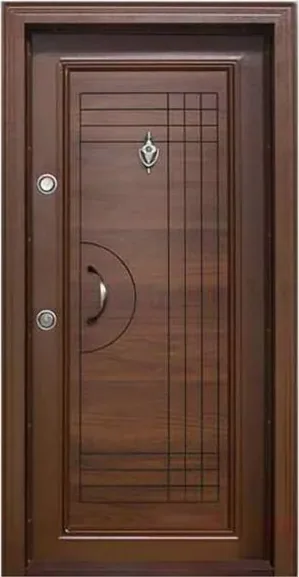 Puerta de seguridad de acero, nogal, hoja de acero, acabado con pintura en polvo (SS-040)