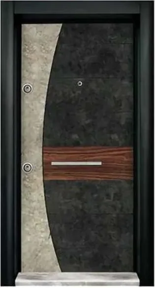 Puerta de seguridad de acero, madera oscura, hoja de acero, acabado con pintura en polvo (SS-055)