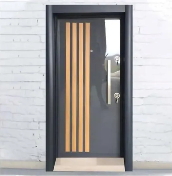 Puerta de seguridad de acero, roble miel, hoja de acero, acabado con pintura en polvo (SS-060)