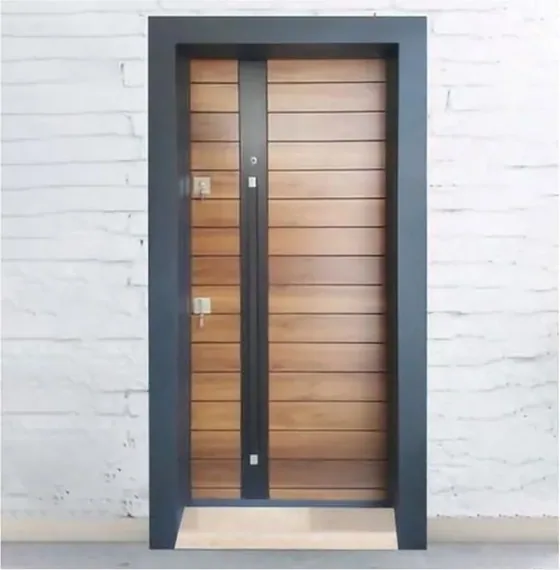 Puerta de seguridad de acero, roble miel, hoja de acero, acabado con pintura en polvo (SS-061)