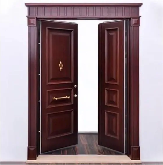 Puerta de seguridad de acero, madera oscura, hoja de acero, acabado con pintura en polvo (SS-065)