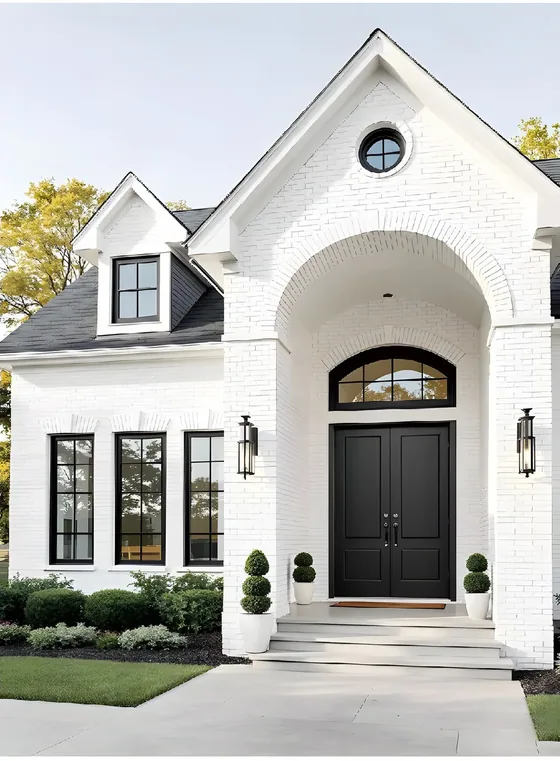 Double-leaf panelled entry, painted timber, arched transom, sidelights (ED-02)