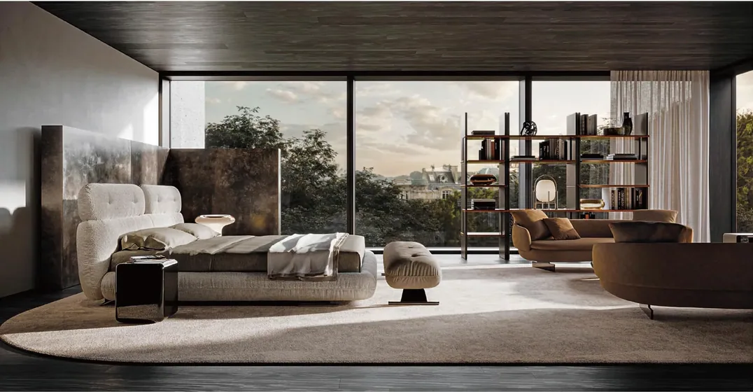 Bedroom suite with lounge seating, upholstered bed, curved sofa (BD-02)