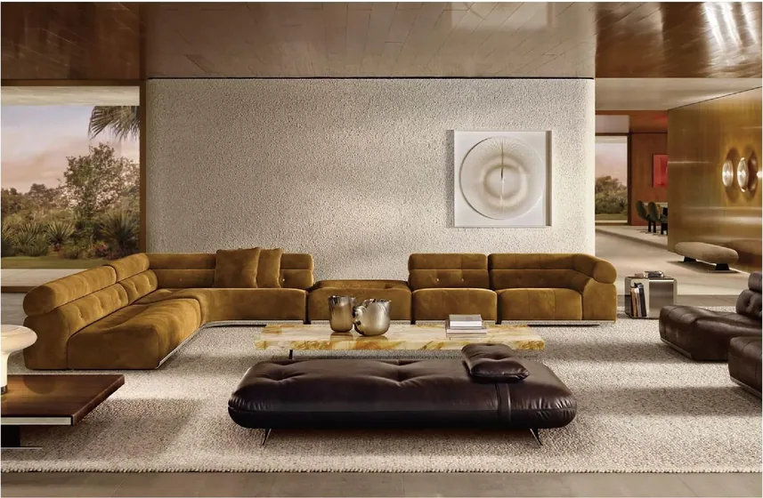 Modular sofa in ochre velvet, velvet upholstery, leather ottoman (SF-09)