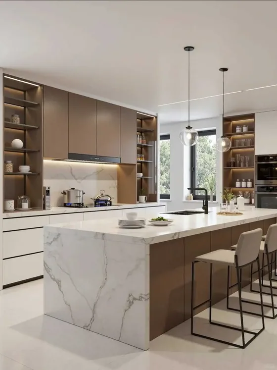Handleless kitchen in walnut and marble, walnut veneer, marble waterfall island (KT-01)
