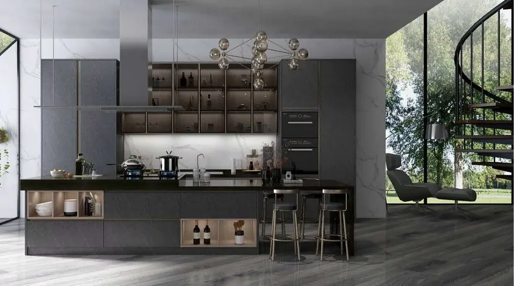 Loft kitchen in graphite, matt lacquer, brass display shelving (KT-07)
